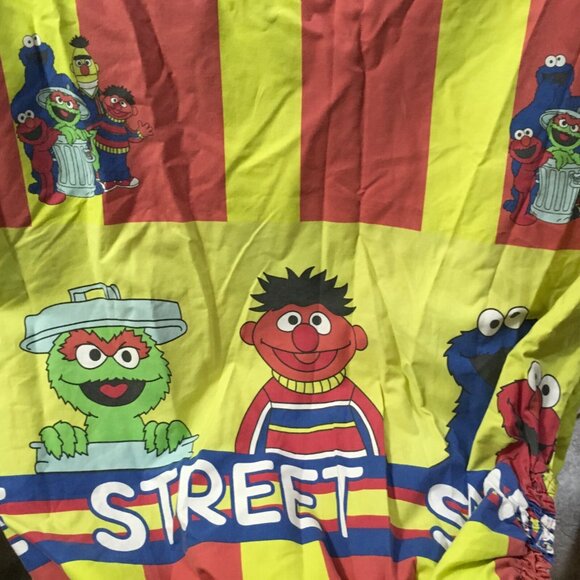 Vintage Sesame Street Fitted Twin Bedsheet Red Yellow Stripe Elmo Fabric Craft - Picture 2 of 4